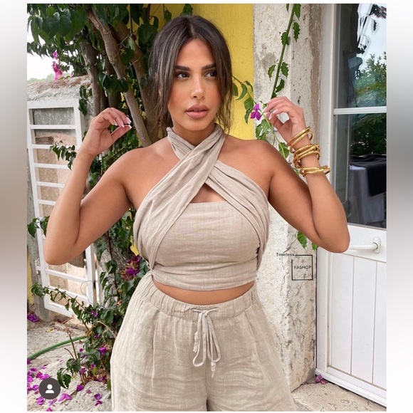 ZARA 2 PIECE LINEN HALTER TOP AND PALAZZO PANTS - Picture 5 of 8